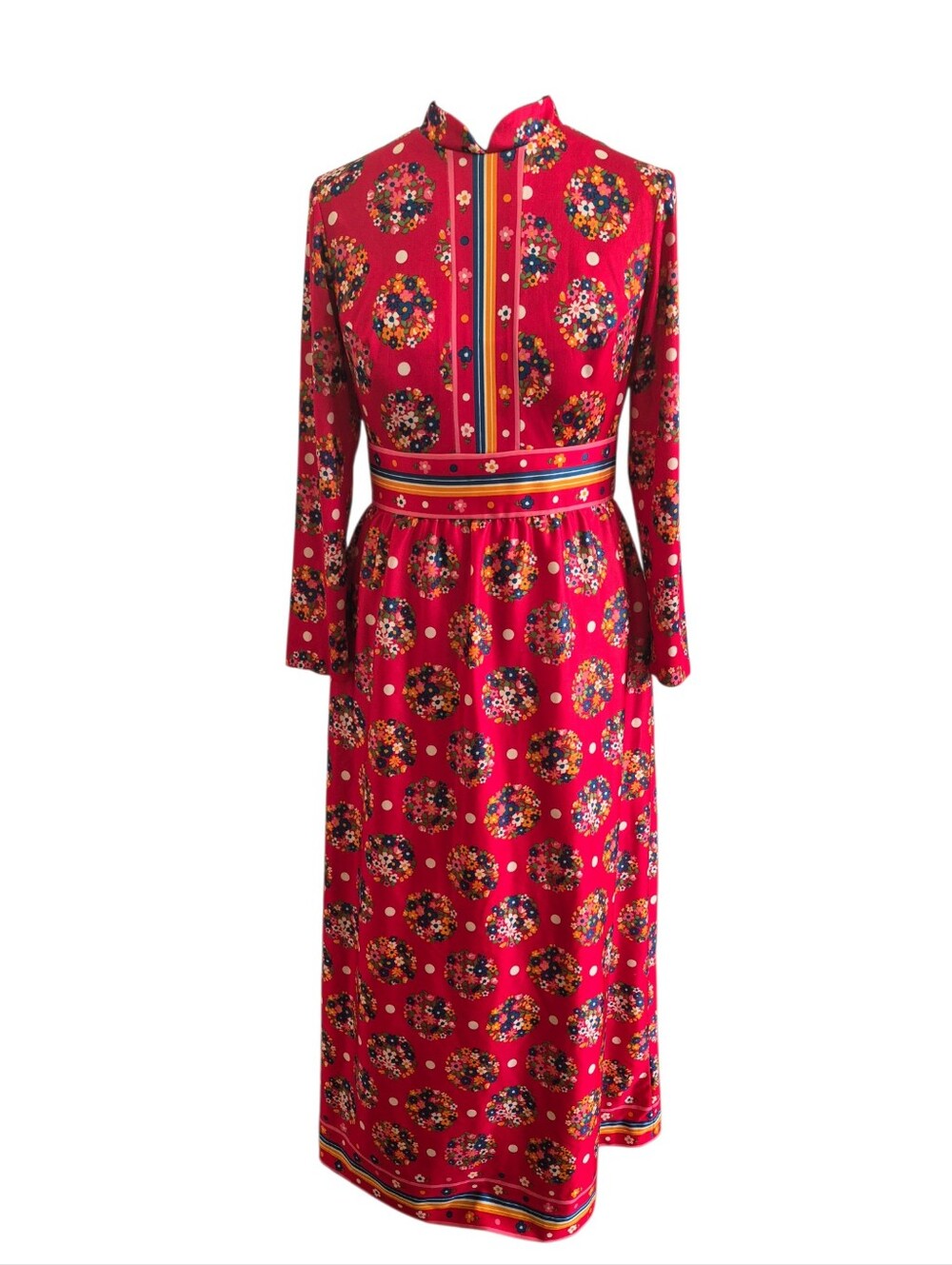 Vintage 70s Floral Medallion Maxi Dress Red Long Sleeve Mod Size 16